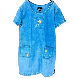 Vintage Y2K Denim Day Dress‎ Womens S Pockets Embroidered Sea Shells Blue J
